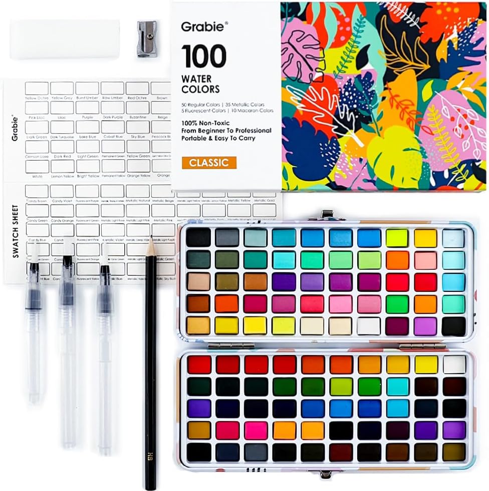 Grabie 100 Colors Watercolor Paint Set - 50 Regular, 35 Metallic, 10 Macaron and...