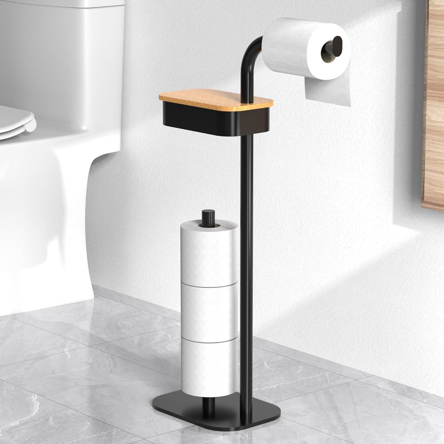 ZUNTO Toilet Roll Holder Free Standing with Top Storage Shelf, Black Toilet Roll...