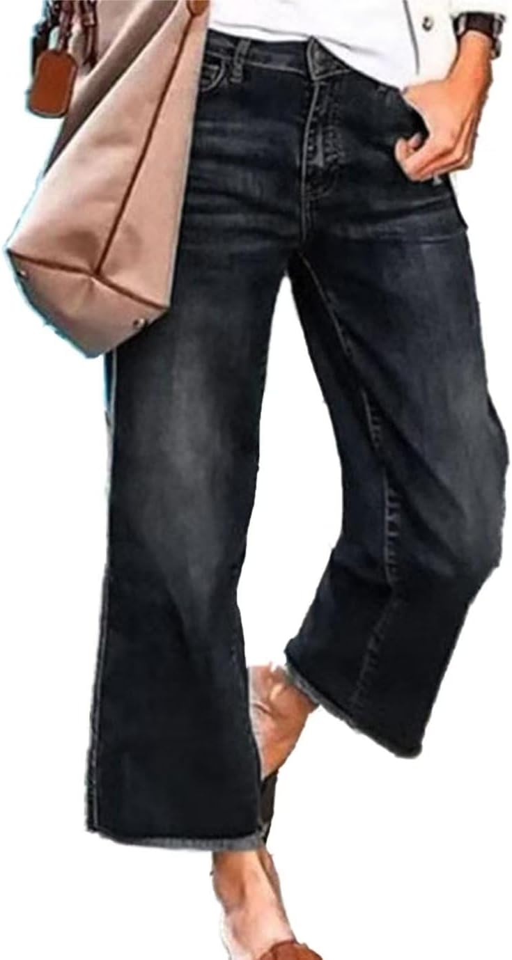 Flamingals Straight Wide Leg Jeans for Women Mid Waisted Casual Raw Hem Denim Ca...