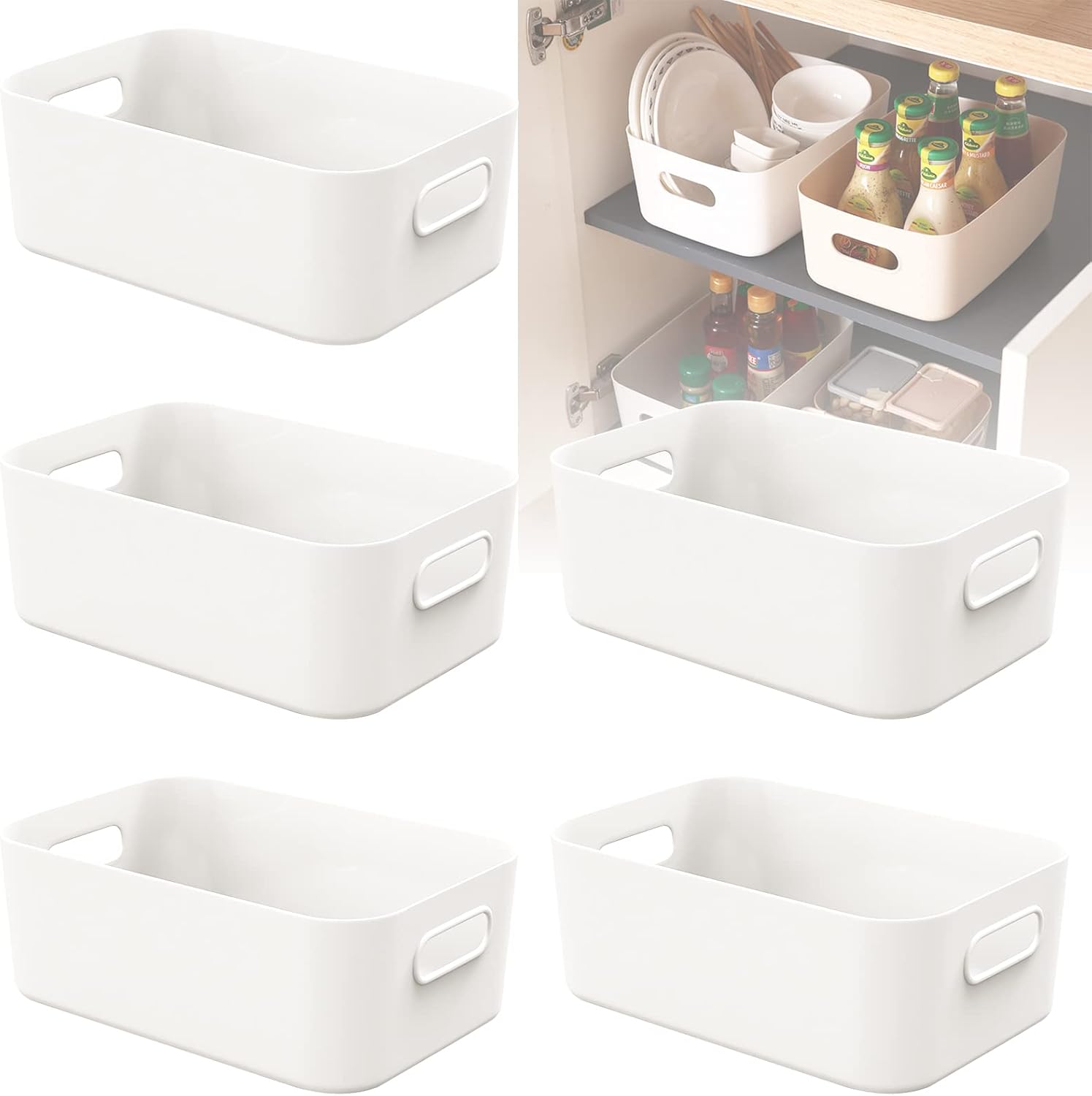 W&H 5 PCS White Plastic Storage Boxes Small, with Handle Storage Baskets for She...