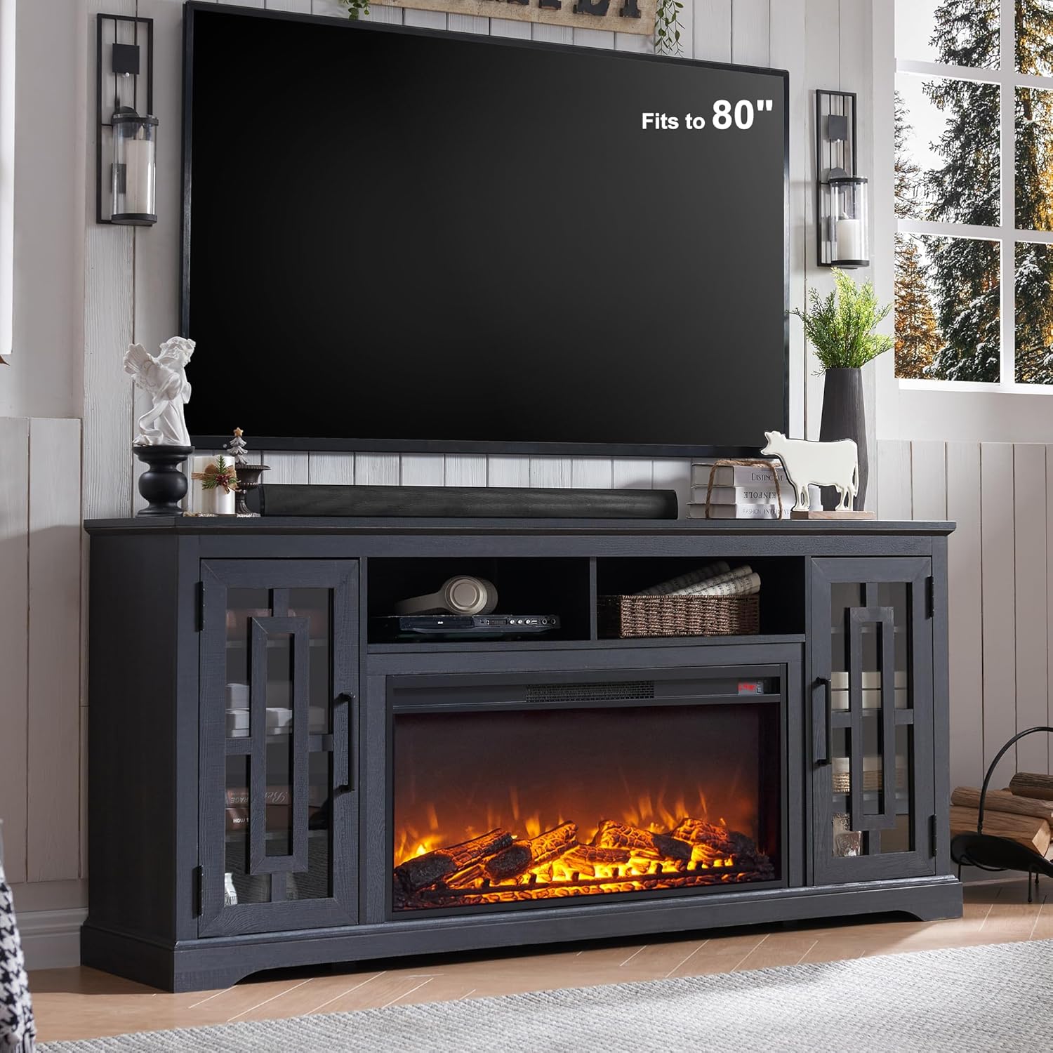JXQTLINGMU Fireplace TV Stand with 36" Electric Fireplace for 80 Inch TV, Farmho...