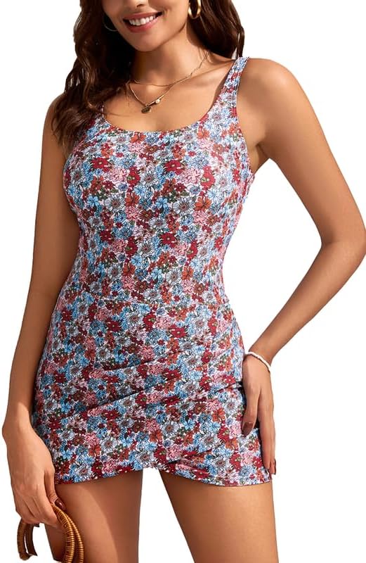 JASAMBAC Women's Skirted One-Piece Swimsuits Tummy Control Swimwear with Bulit i...