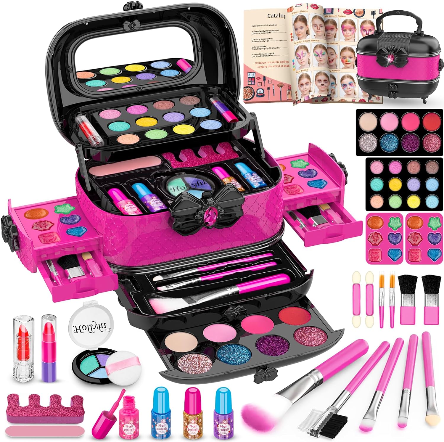Hollyhi 58 Pcs Kids Makeup Kit for Girl, Princess Toys Real Washable Cosmetic Se...