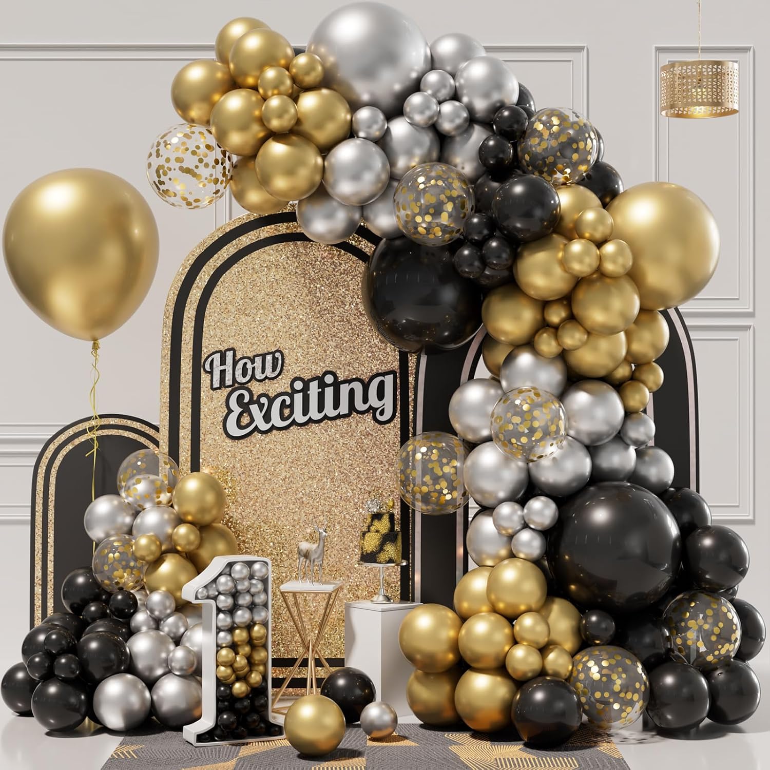 Black and Gold Balloon Arch Kit, 152pcs Black Gold Balloon Arch Garland Kit with...