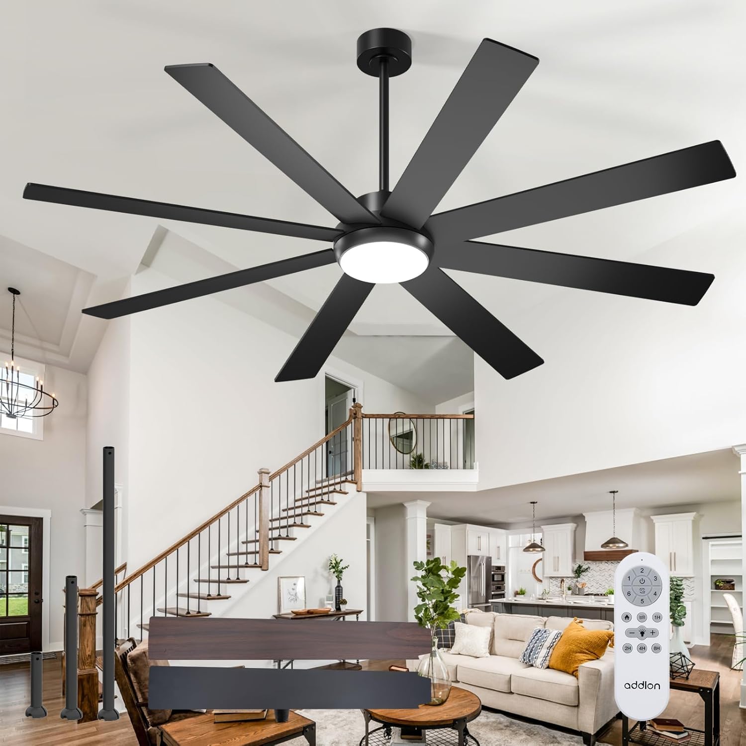 addlon 72 Inch Large Ceiling Fans with Lights, Black Ceiling Fan with Light and...
