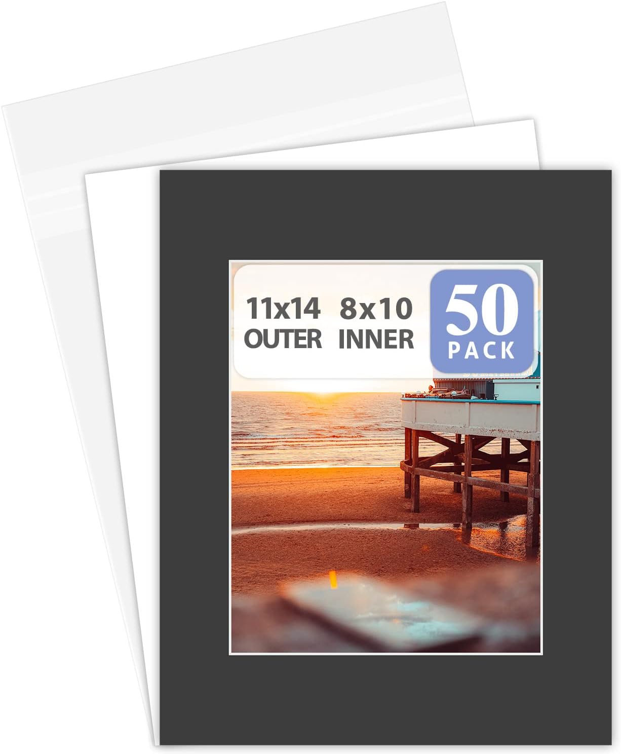 Golden State Art, Pack of 50 Black Pre-Cut 11x14 Picture Mat for 8x10 Photo with...