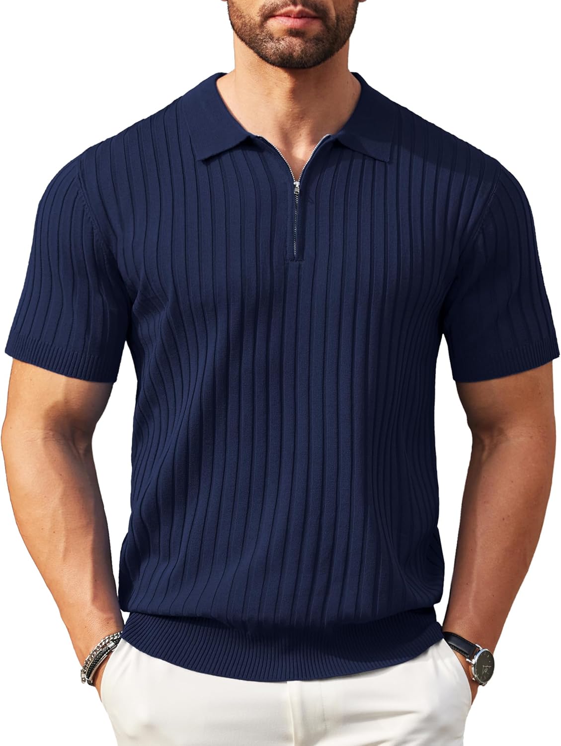 COOFANDY Men's Polos Short Sleeve Zip Knitted Polo Shirts Stretch Golf Vertical...