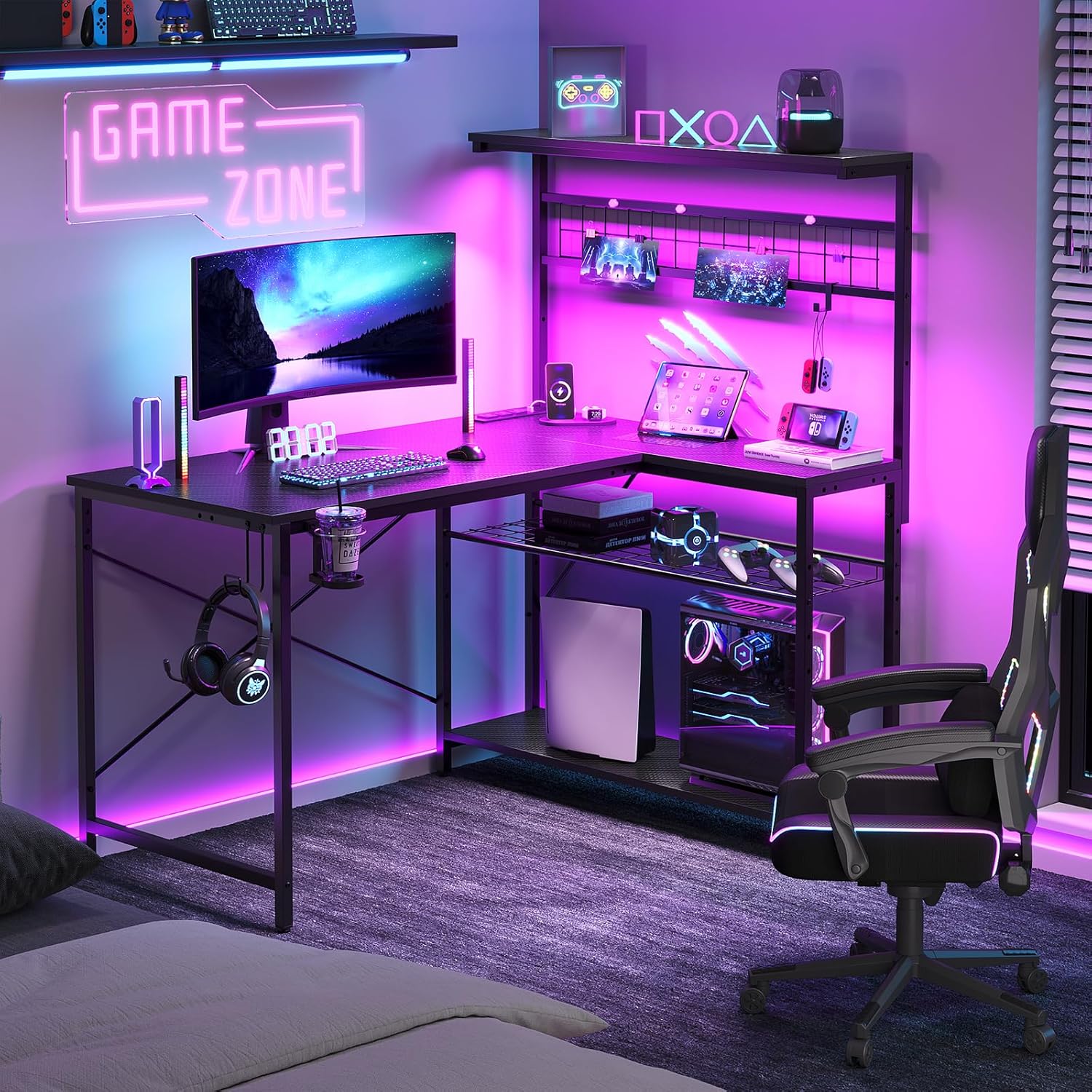 Bestier 42 L Gaming Desk,Computer Desk with Power Outlets, LED Lights, Reversibl...