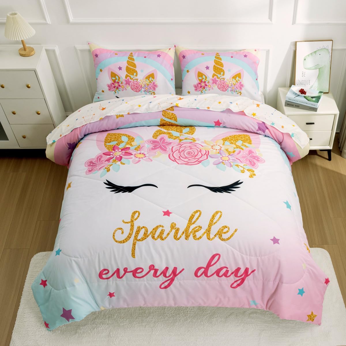 NTBED Unicorn Twin Comforter Set with Sheets,5 Pieces Kids Bedding Sets for Girl...