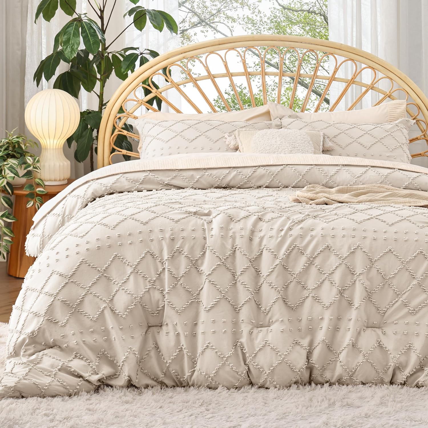 Bedsure Queen Comforter Set - Beige Comforter, Boho Tufted Shabby Chic Bedding C...
