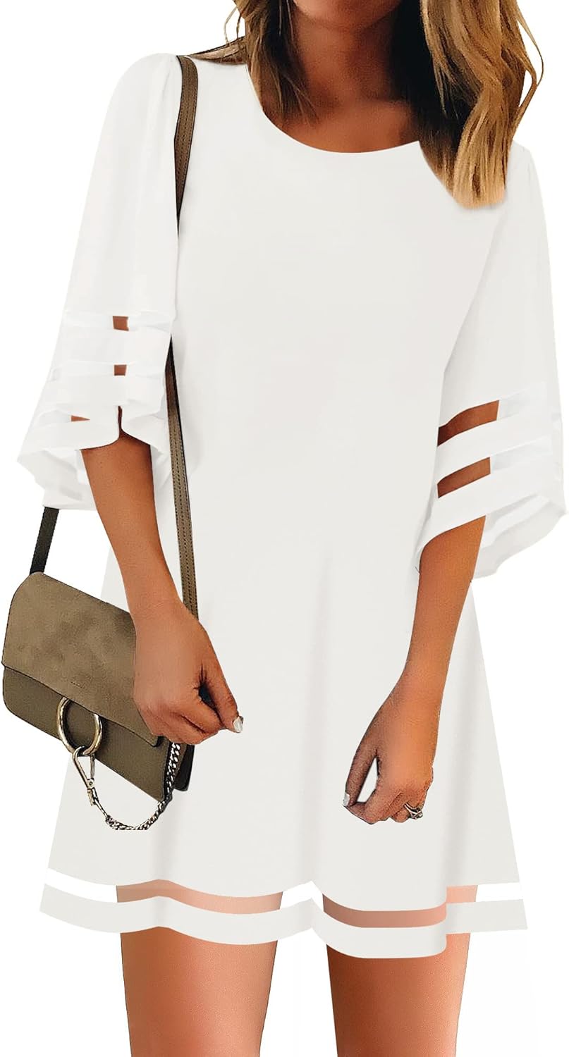 LookbookStore Women Casual Crewneck Mesh Panel 3/4 Bell Sleeve Loose Tunic Dress...