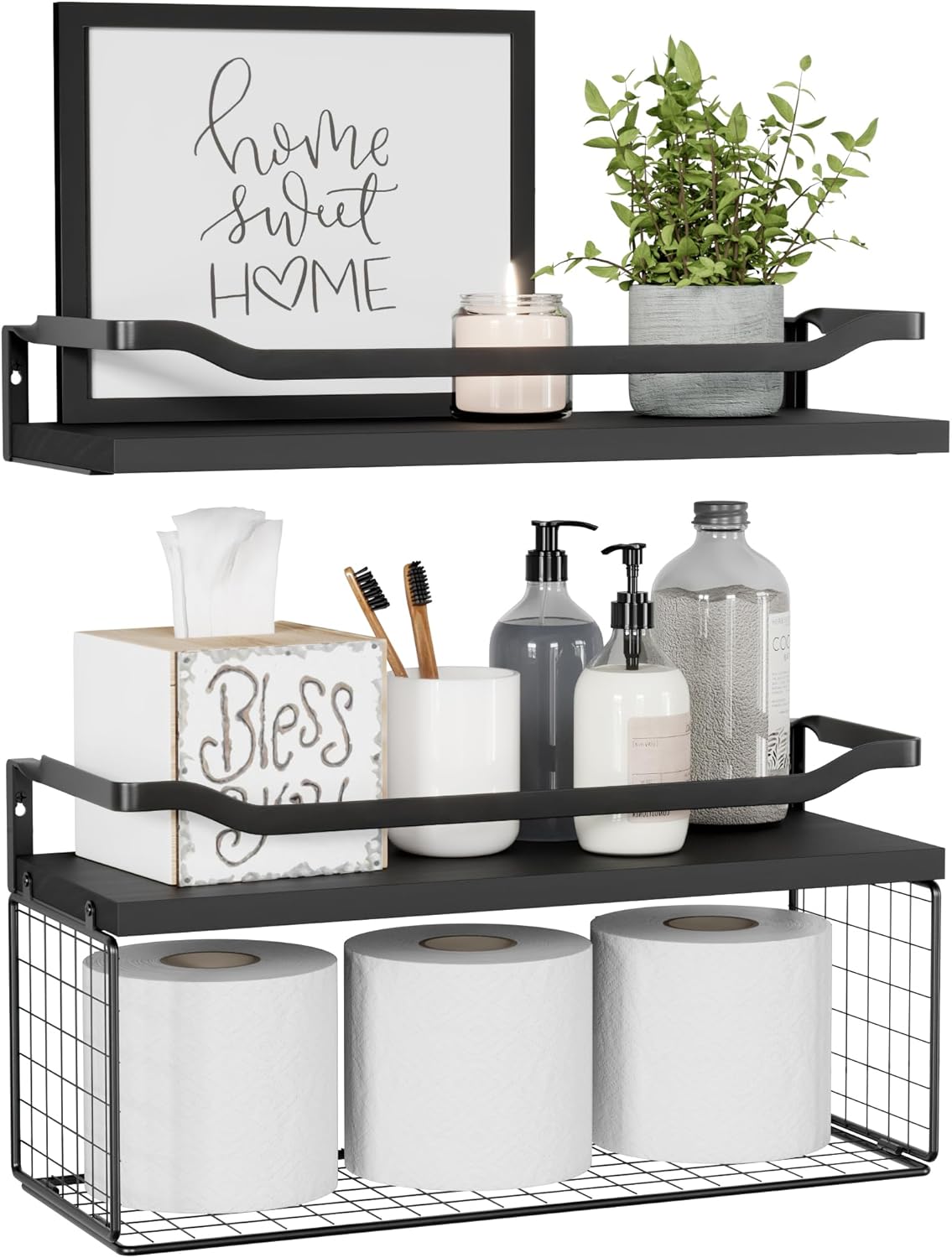 WOPITUES Floating Shelves with Wire Storage Basket, Bathroom Shelves Over Toilet...