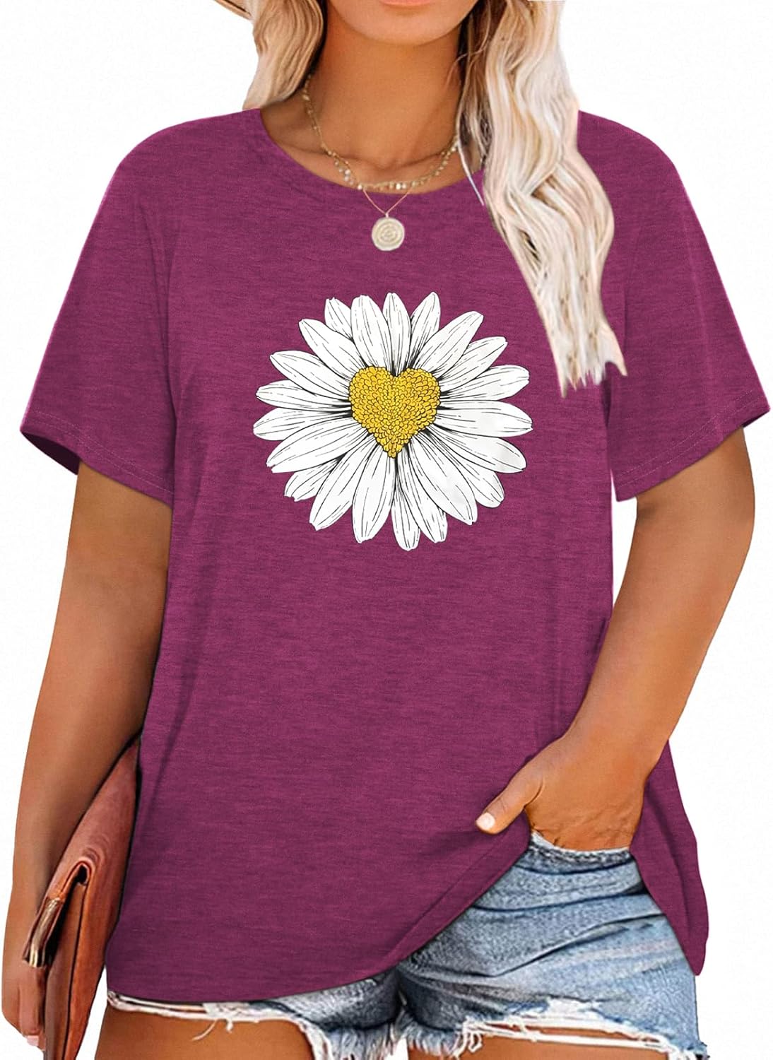 HDLTE Women Plus Size T Shirts Short Sleeve Casual Graphic Tee Tops Purple Daisy...