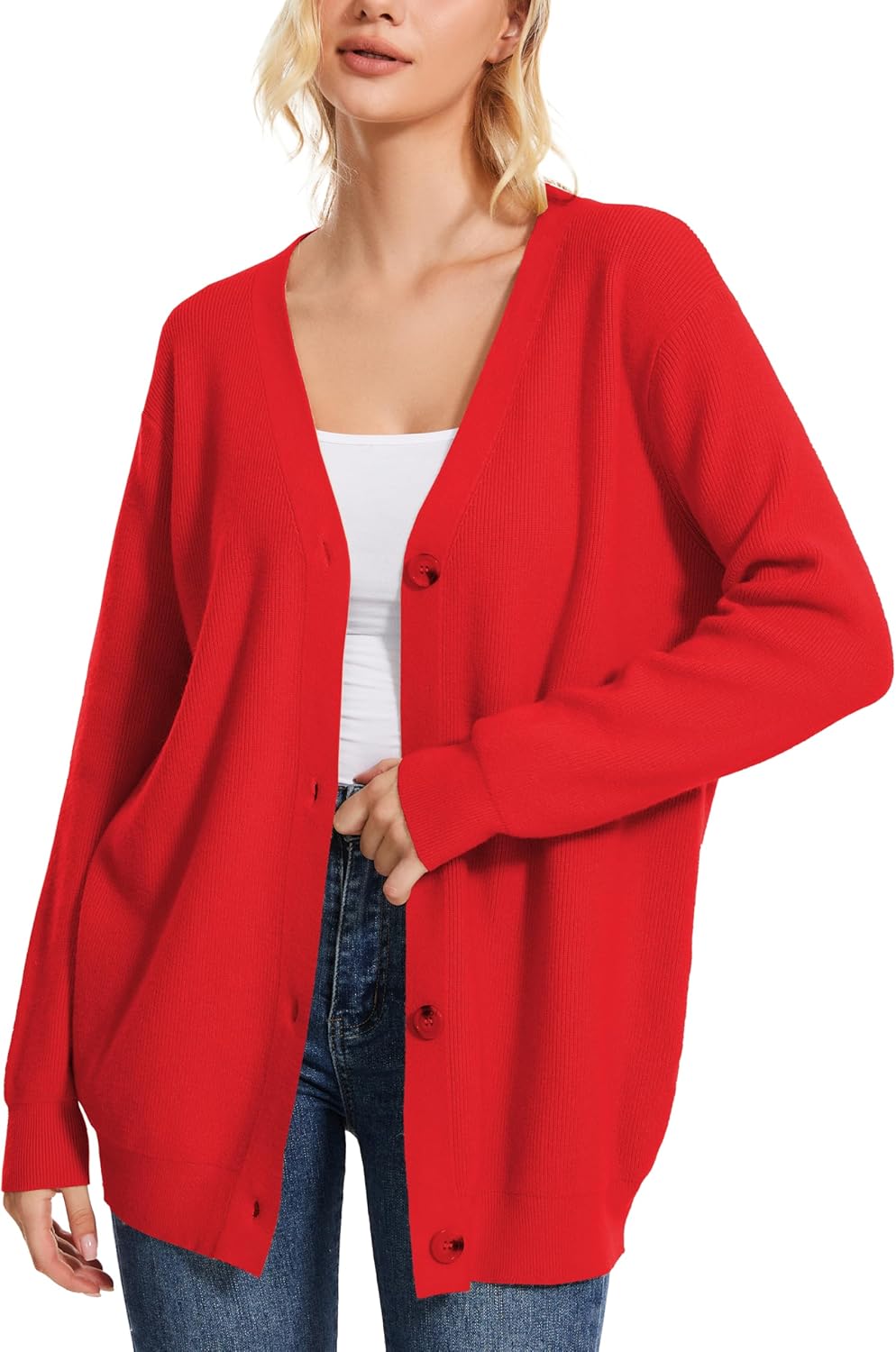 Women's Long Sleeve V-Neck Button Down Cardigan Chunky Oversized Knit Open Front...