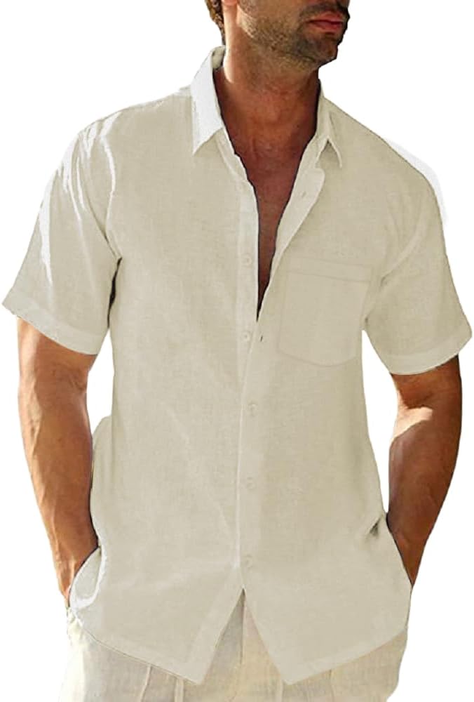 Mens Casual Linen Button Down Short Sleeve Shirts Beach Summer Spread Collar Poc...