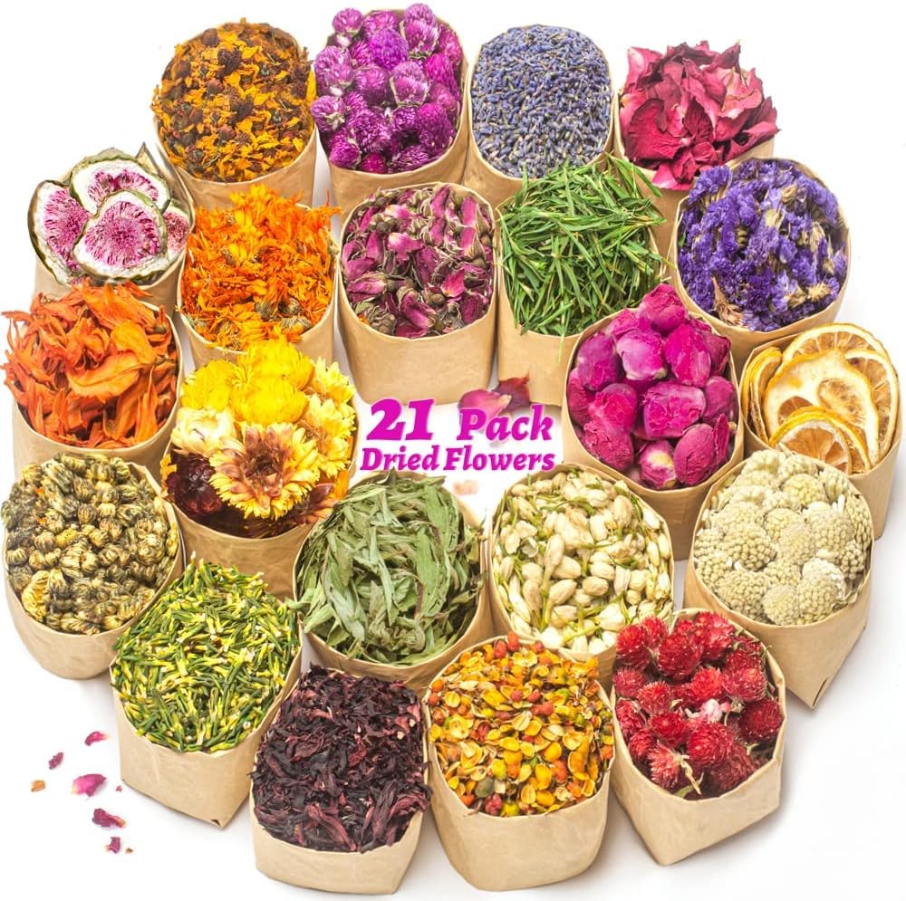 LAVEVE Dried Flowers, 21 Bags 100% Natural Dry Flower Herbs Kit for Soap, DIY Ca...