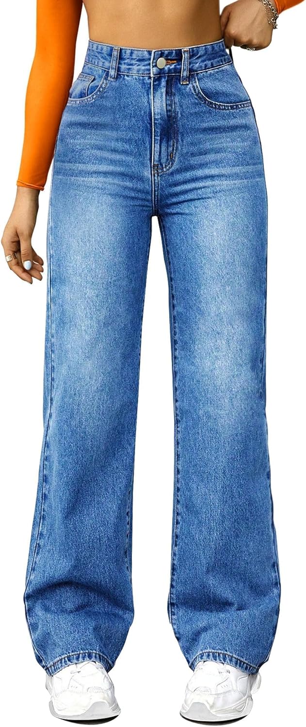 Straight Leg Jeans for Women,High Waisted Wide Leg Loose Microelastic Boyfried D...