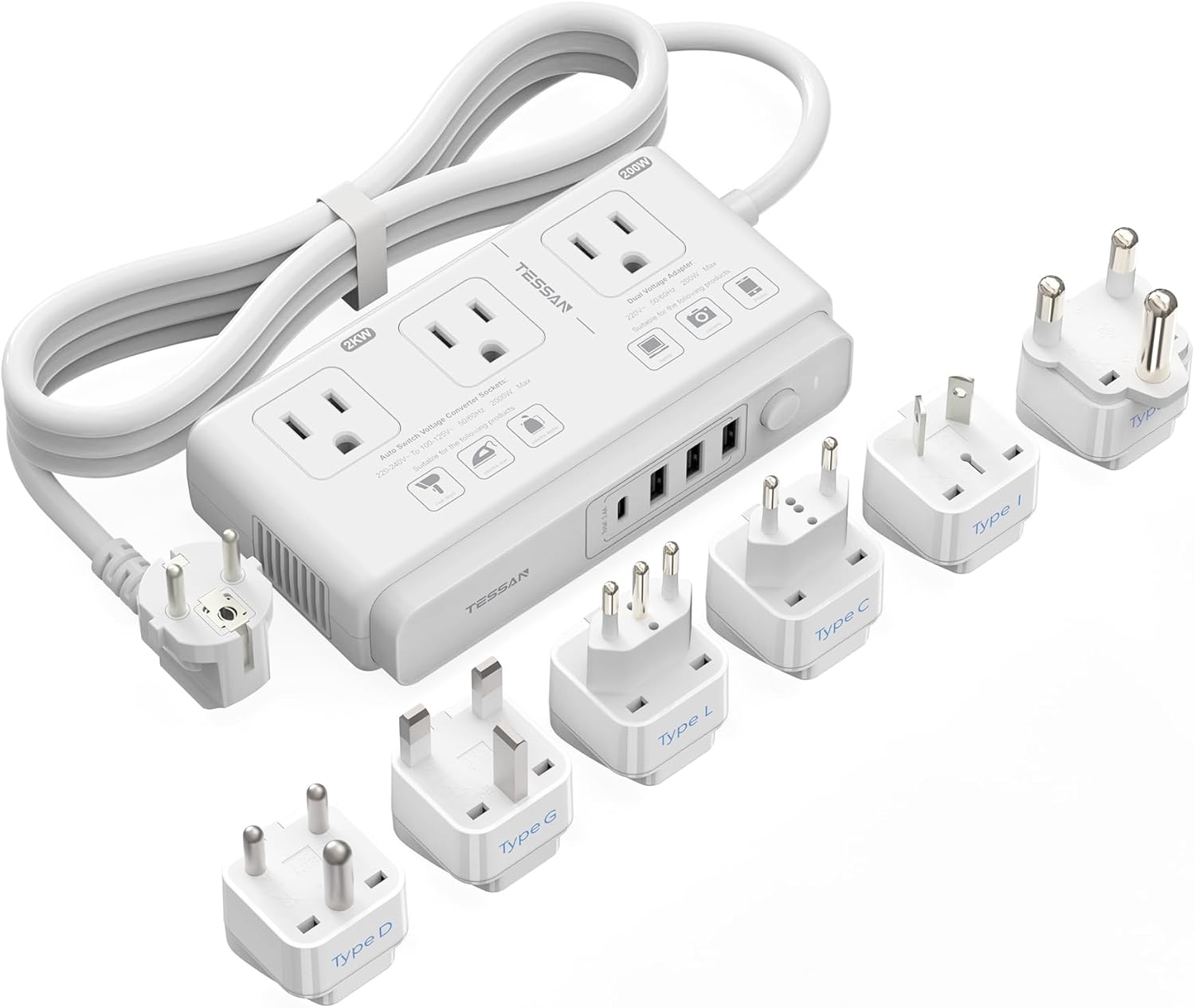 TESSAN 220V to 110V Voltage Converter for Travel with 4 USB Ports (1 USB C), 3 A...