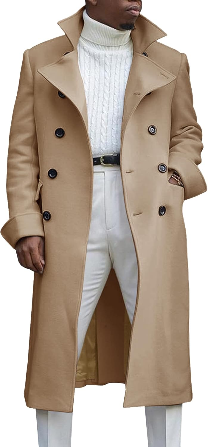 Ebifin Men's Notch Lapel Double Breasted Long Trench Coat Casual Cotton Blend Pe...