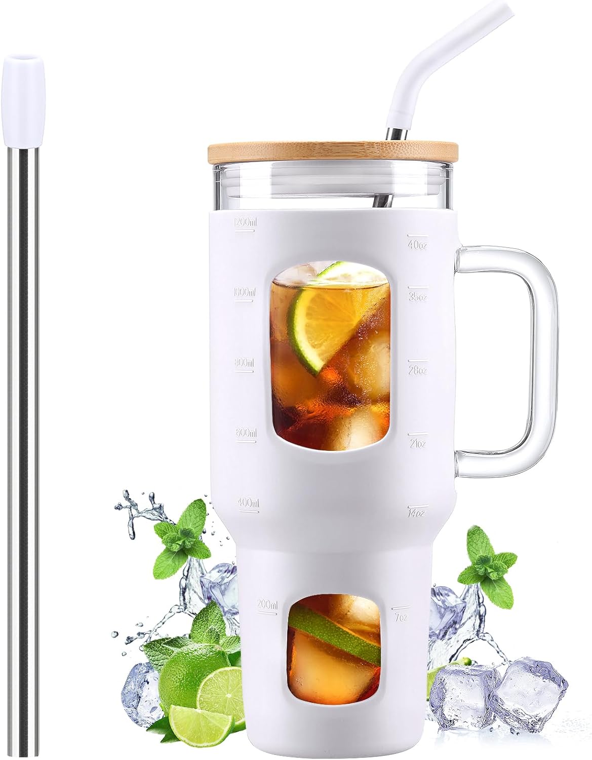 Glass Tumbler with Straw and Lid, 40 oz Glass Cup with Handle, Glass Water Bottl...