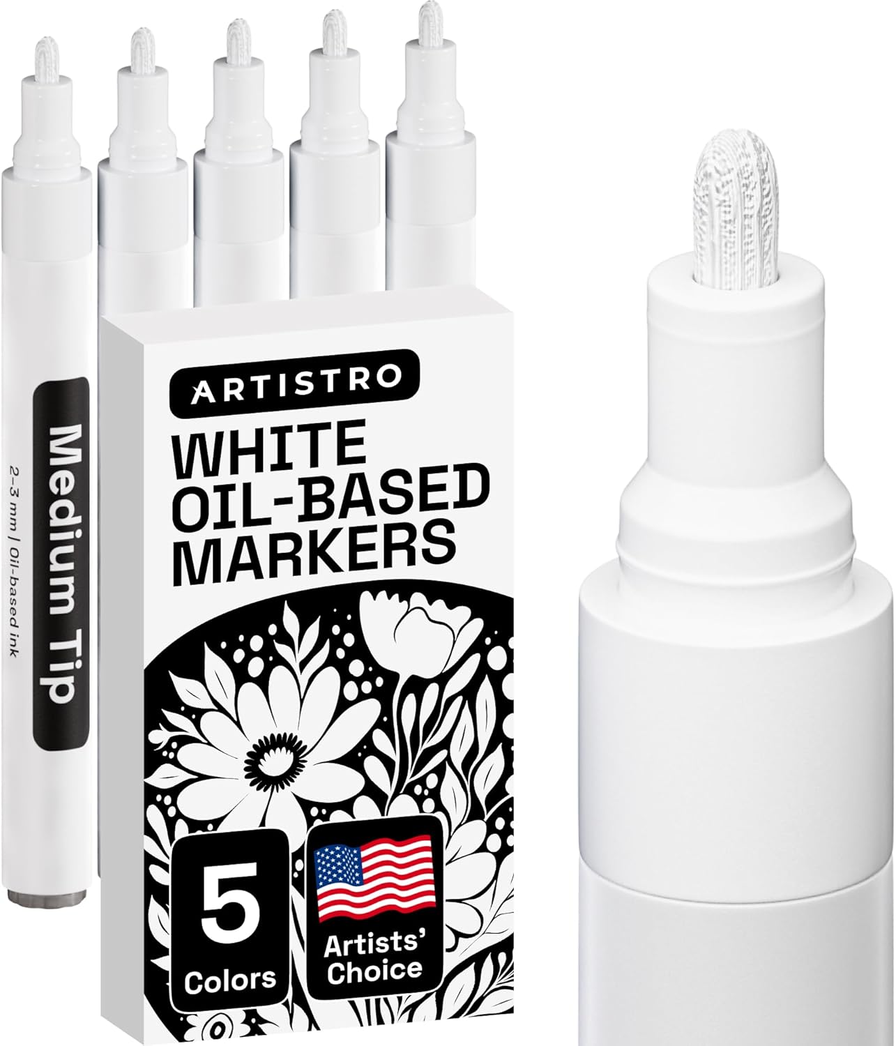 ARTISTRO 5 White Oil-Based Permanent Paint Markers - Assorted Sets of Fine and M...