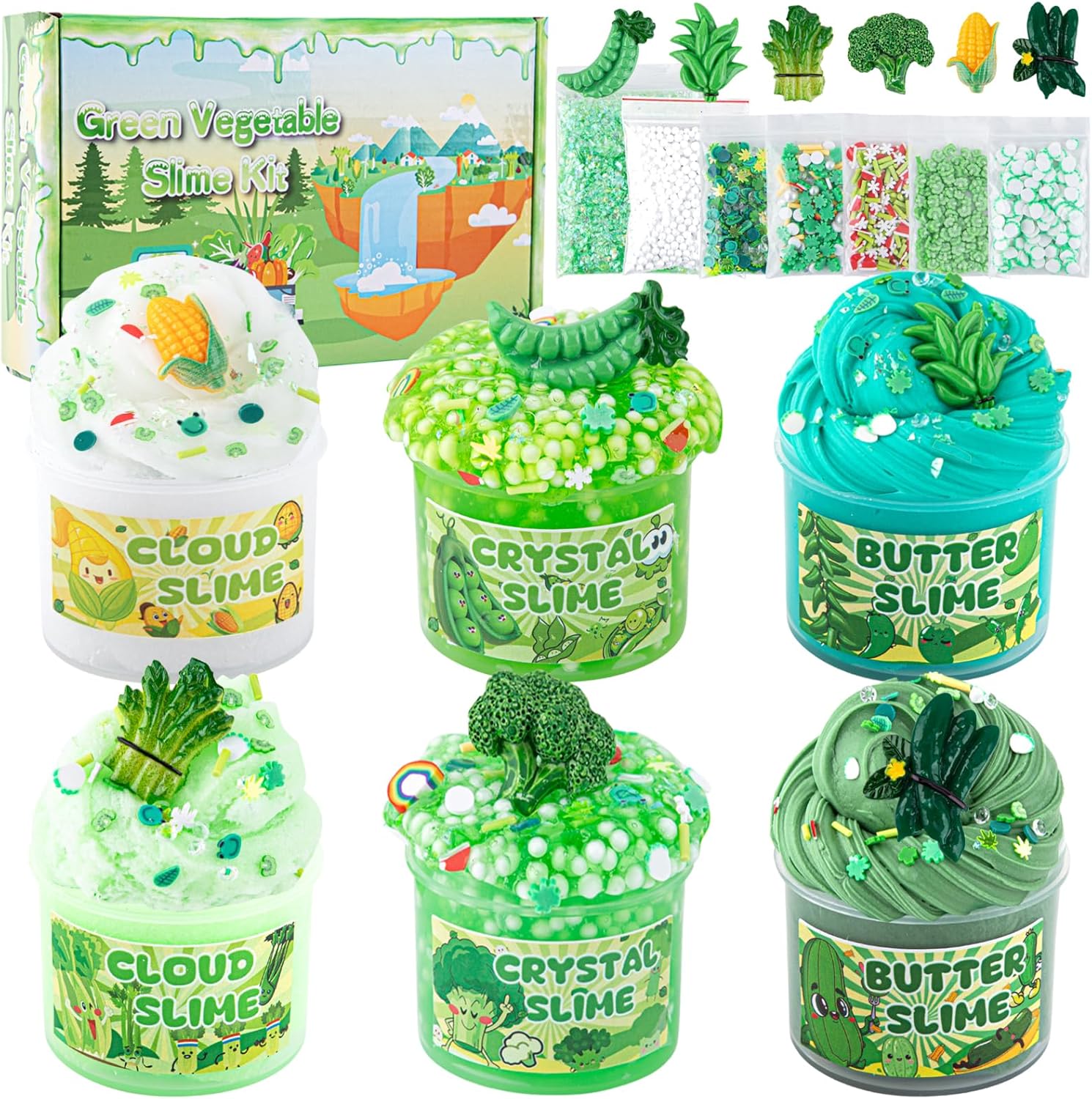LAWOHO 6 Packs Green Slime Kit - Cloud Slime, Butter Slime & Clear Slime, Crunch...
