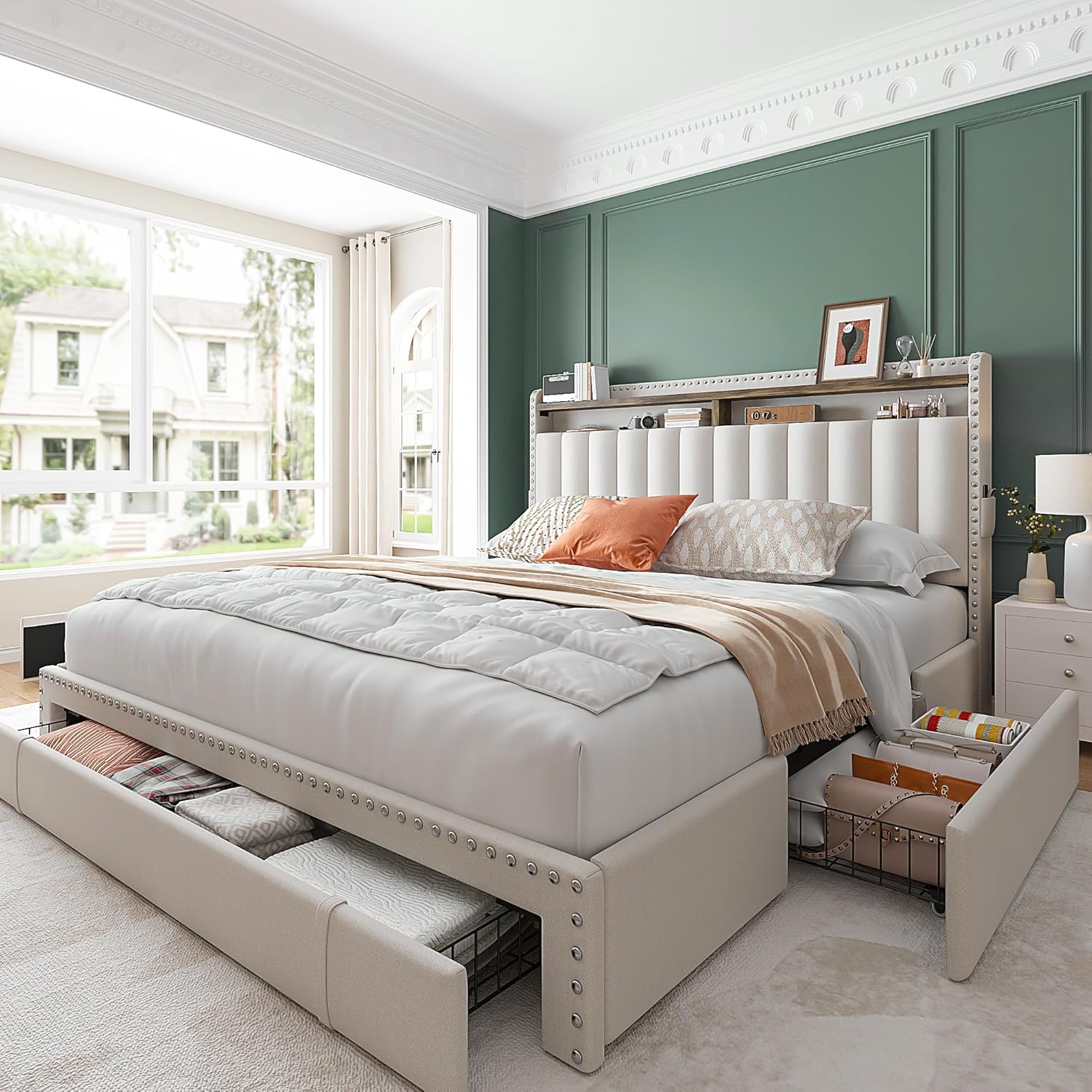 EnHomee Queen Bed Frame with Headboard and 3 Large Drawers, Upholstered Platform...