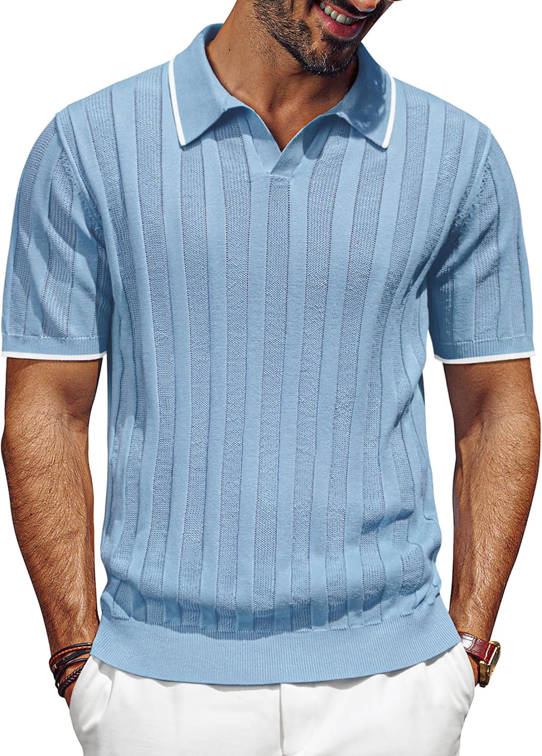 PJ PAUL JONES Mens V Neck Polo Shirt Textured Knit Slim Fit Golf T-Shirts Large...