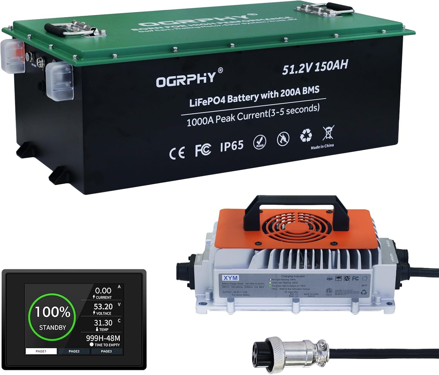 48V 150AH Lithium Golf Cart Battery with Charger, Built in 200A BMS with Touch M...