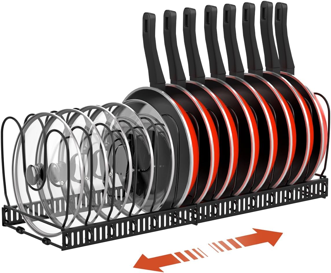Pot and Pan Organizer Rack for Cabinet, Expandable Pot Lid Organizer Holder with...