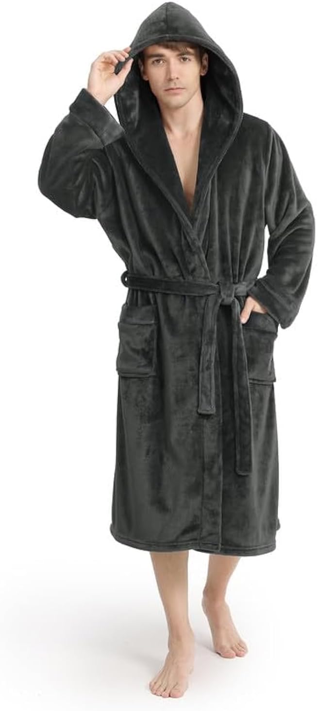 Yurhap Luxury Mens Robe with Hood, Ultra Cozy Fleece Bathrobe for Men, Plush Hoo...