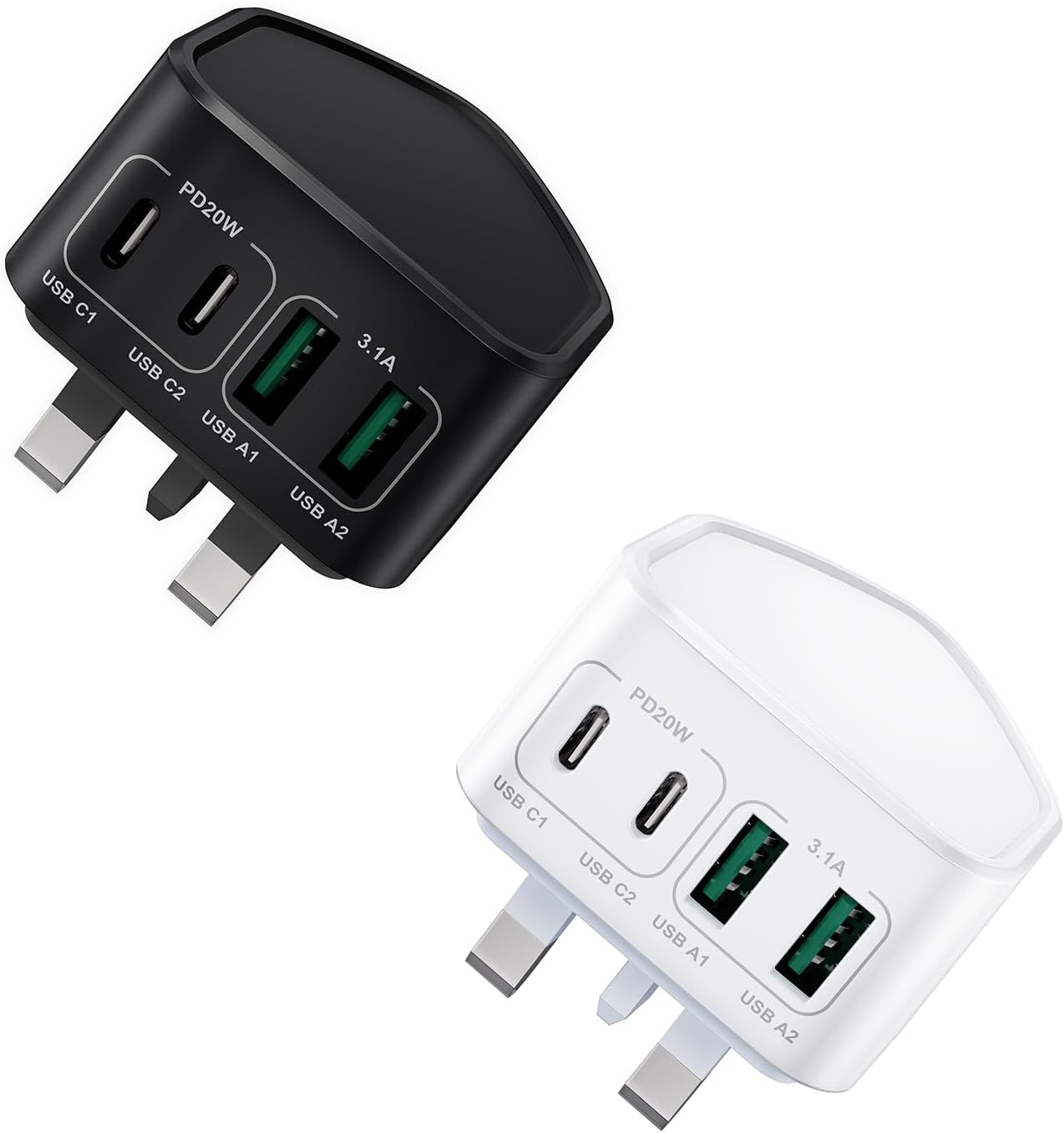 2-Pack USB C Plug Fast Charge, 40W 4-Port Multi Charger Plug UK Dual USBC Power...