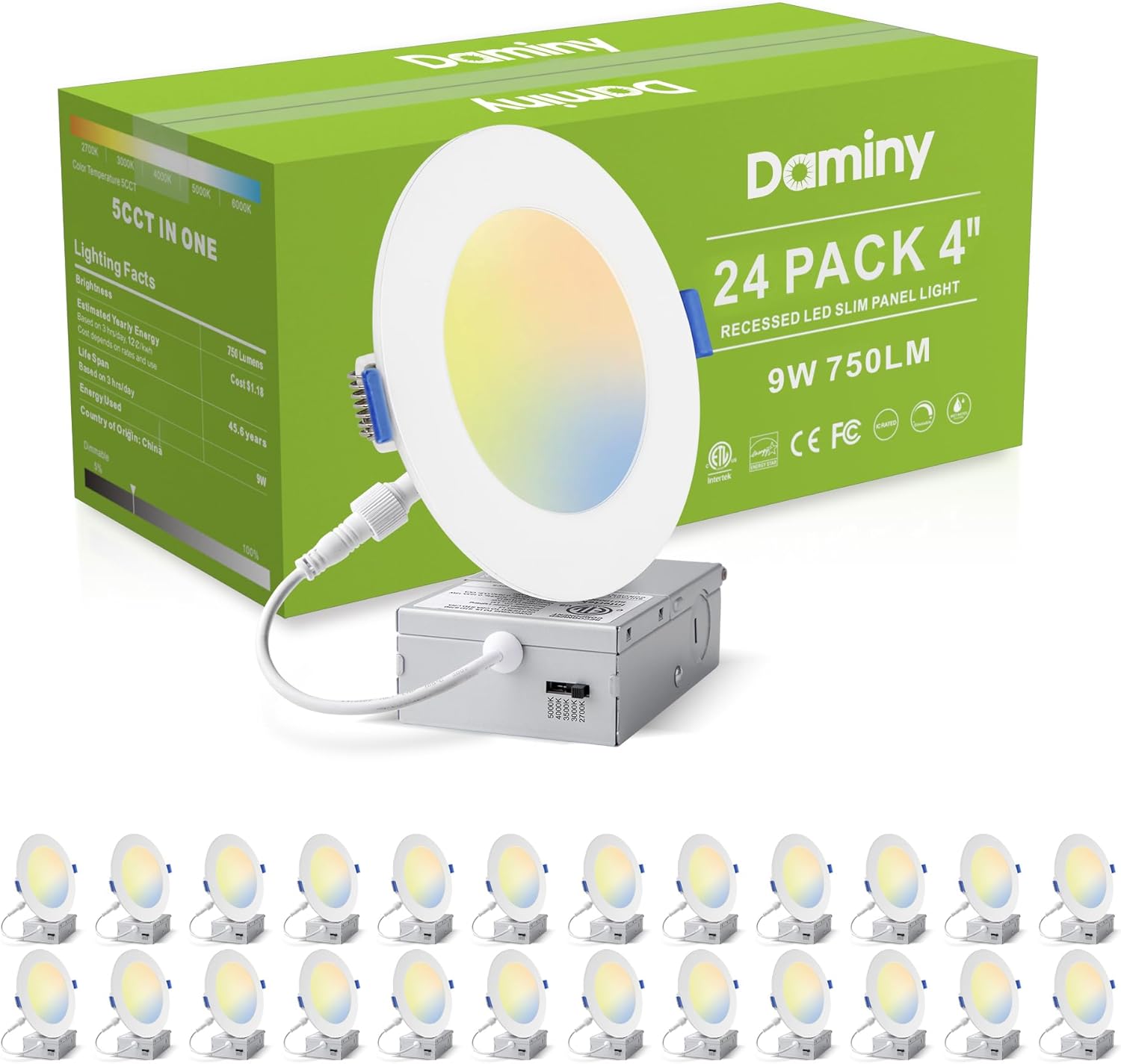 DAMINY 24 Pack 4 Inch LED Recessed Lighting with Junction Box,5CCT,Ultra-Thin Re...