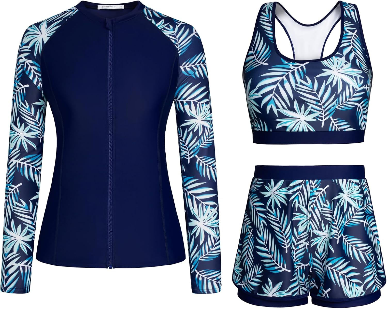 JASAMBAC Women's 3 Piece Rash Guard Long Sleeve Swimsuits with Boyshorts Zip Up...