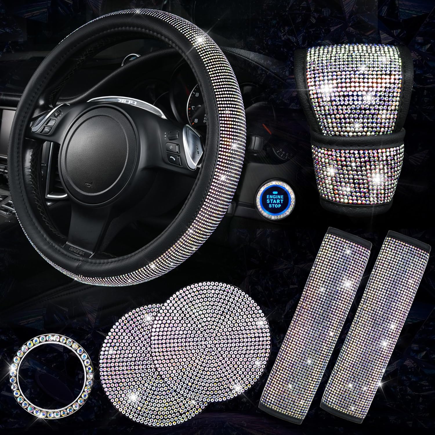CAR PASS 7 PCS Bling Car Accessories for Women, Sparkly Rhinestone Diamond Steer...