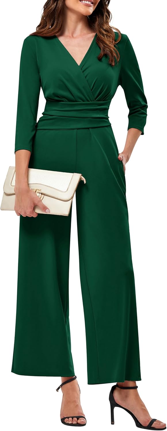JASAMBAC Jumpsuits for Women Elegant Wide Leg Evening Jumpsuit 3/4 Length Sleeve...