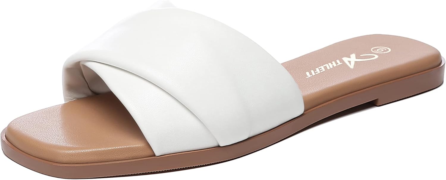 Athlefit Women's Summer Flat Sandals Slip On Square Toe Soft Leather Slide Sanda...