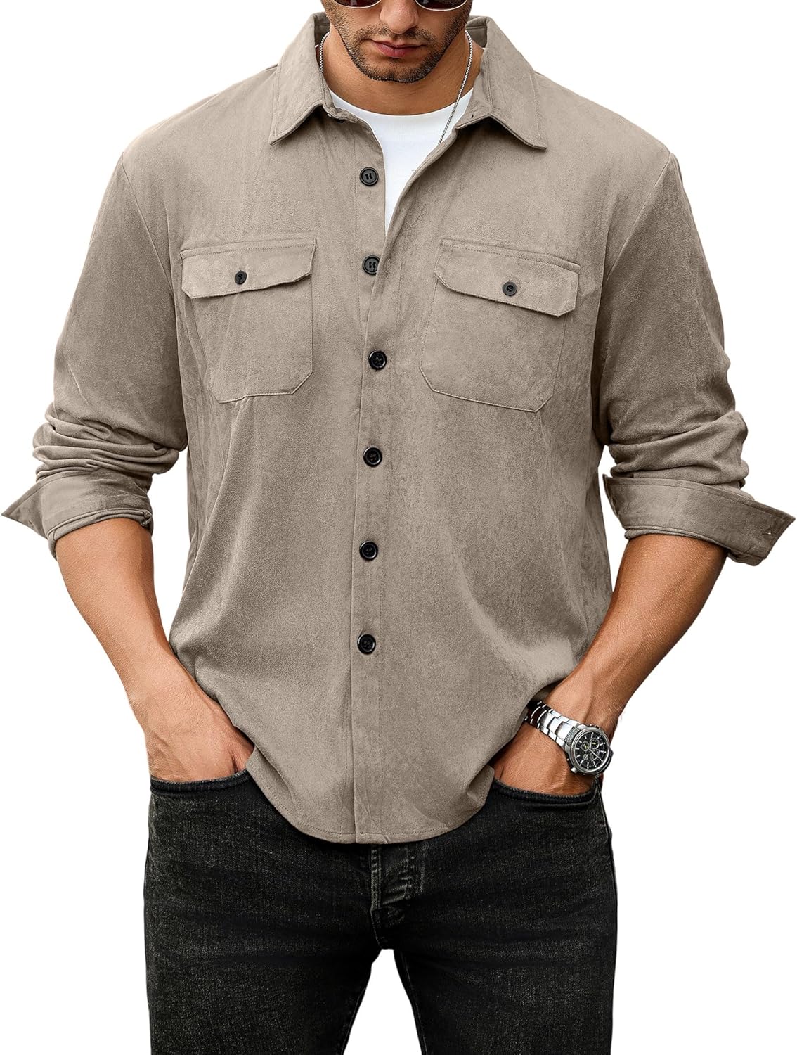 ZAFUL Men's Faux Suede Button Down Shirts Jacket Lightweight Shirt Jacket Long S...