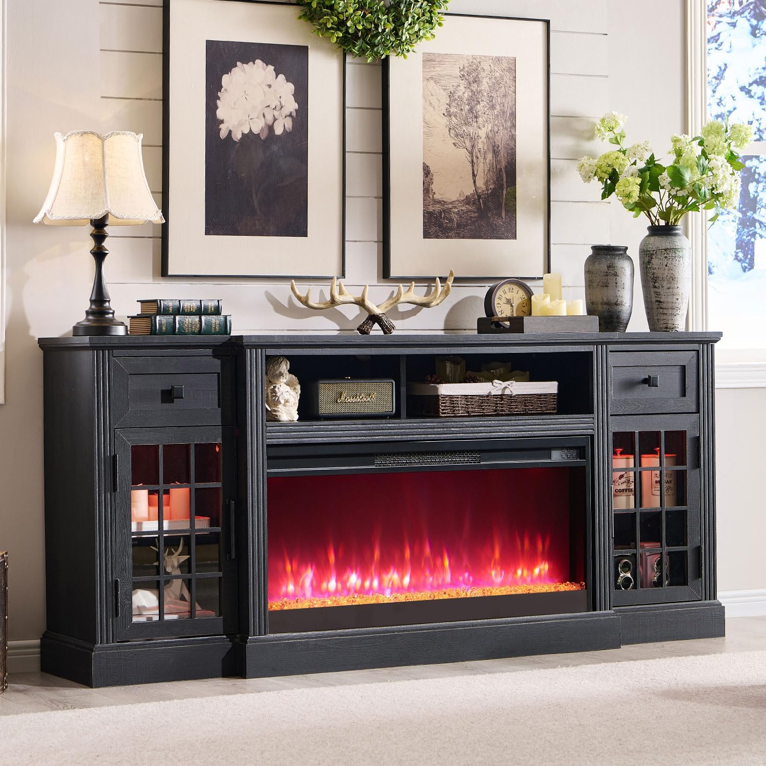 Farmhouse Fireplace TV Stand for 80 Inch TV, Entertainment Center w/ 36'' Electr...
