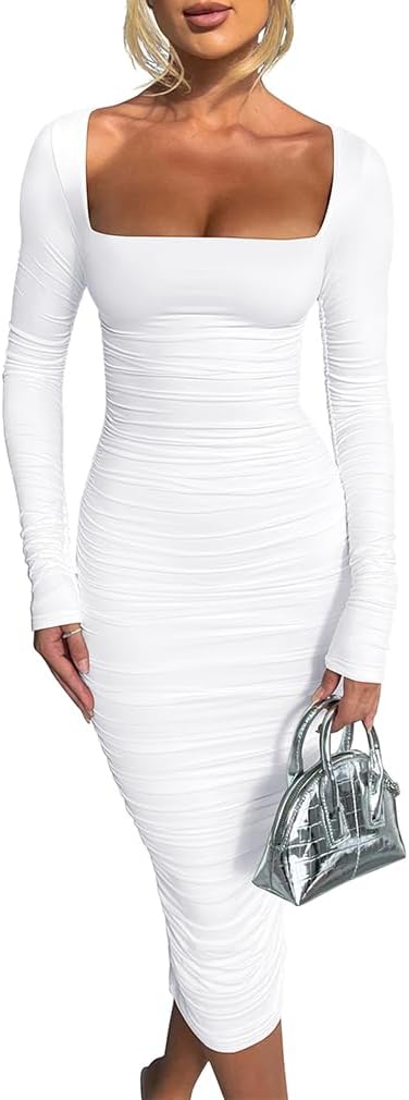 BEAGIMEG Women's Sexy Bodycon Long Sleeves Ruched Square Neck Party Club Midi Dr...