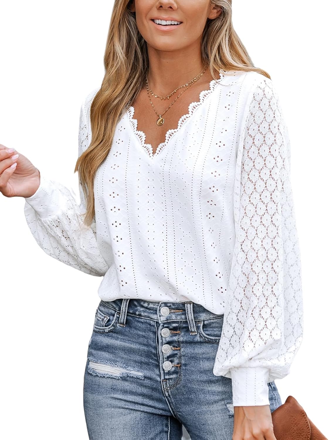 CUPSHE Women Blouse Cutout Scalloped Lace Top Long Lace Sleeves V Neck Banded Cu...