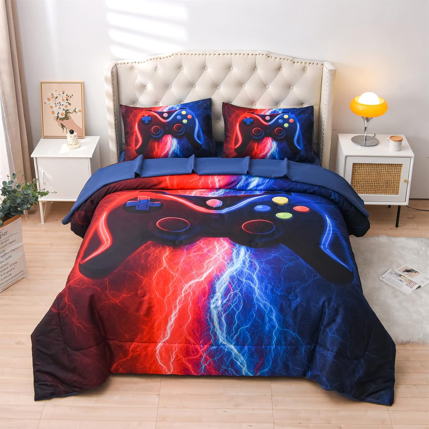 Meeting Story Gamer Gaming Bedding Sets Red Blue Lightnings Gamepad Comforter Se...