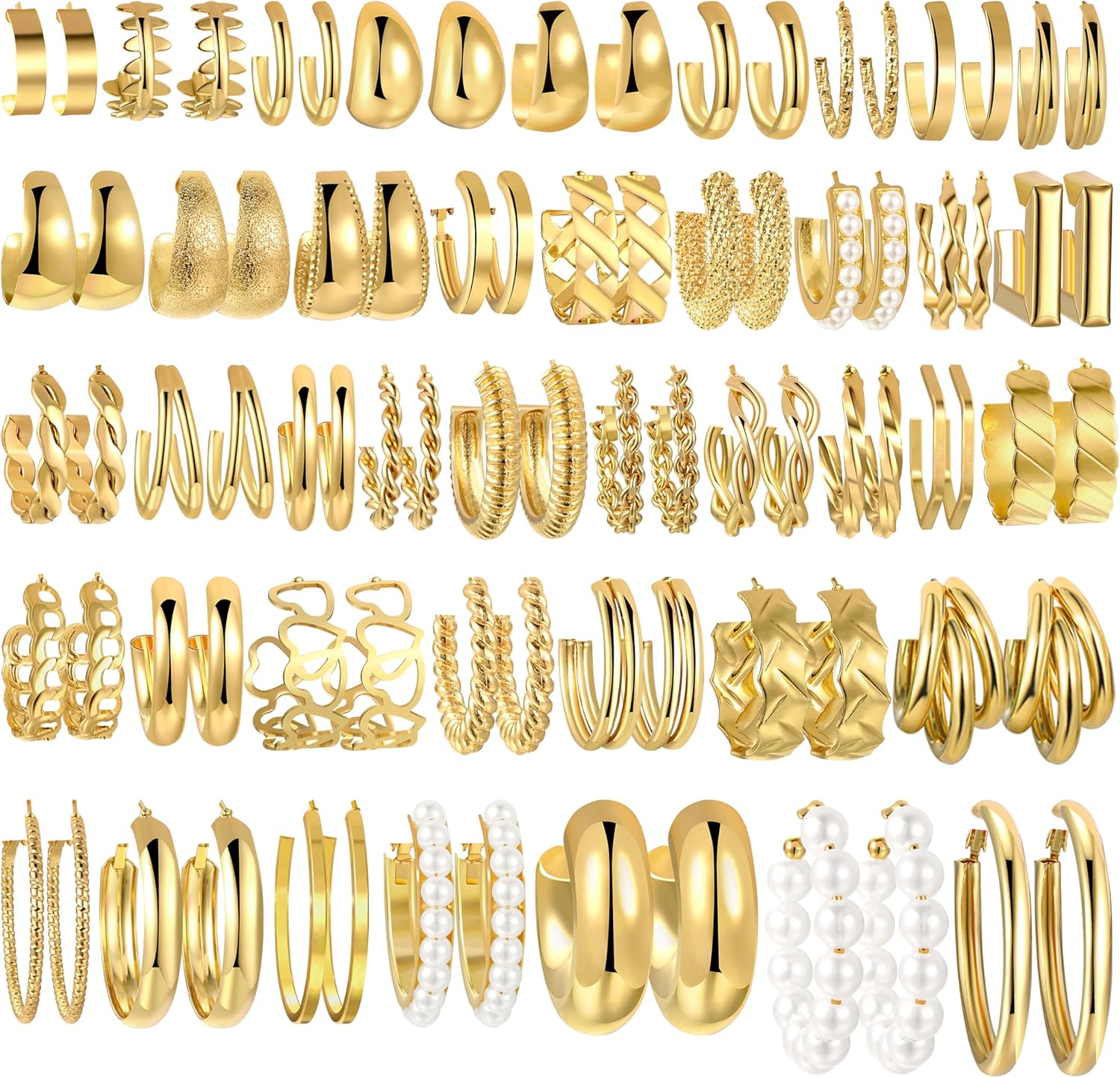 42 Pairs Gold Hoop Earrings Set for Women, Fashion Chunky Pearl Earrings Multipa...