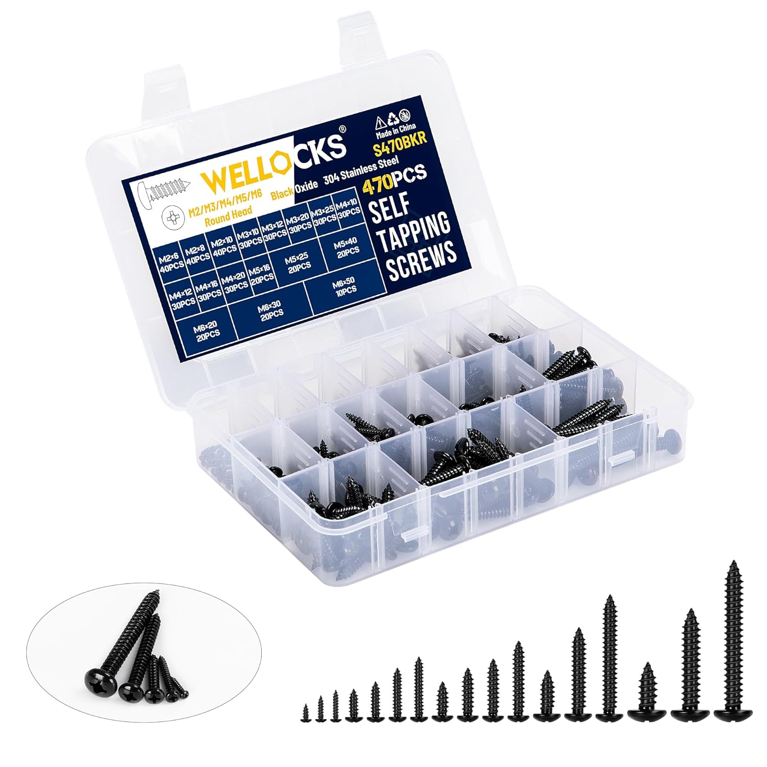 WELLOCKS Assorted Self Tapping Screws | 470 PCS M2/M3/M4/M5/M6 Black Oxide Stain...