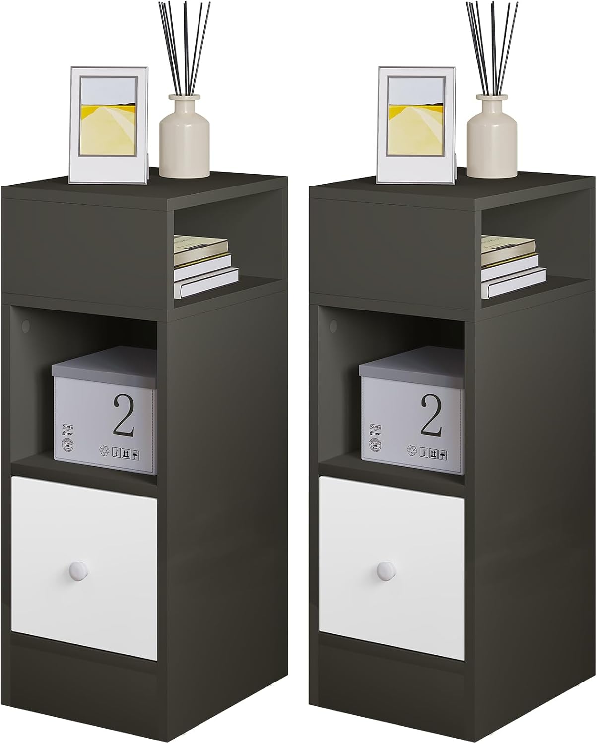 eSituro Set of 2 Narrow Bedside Tables with 2 Open Compartments 1 Drawer, Slim N...