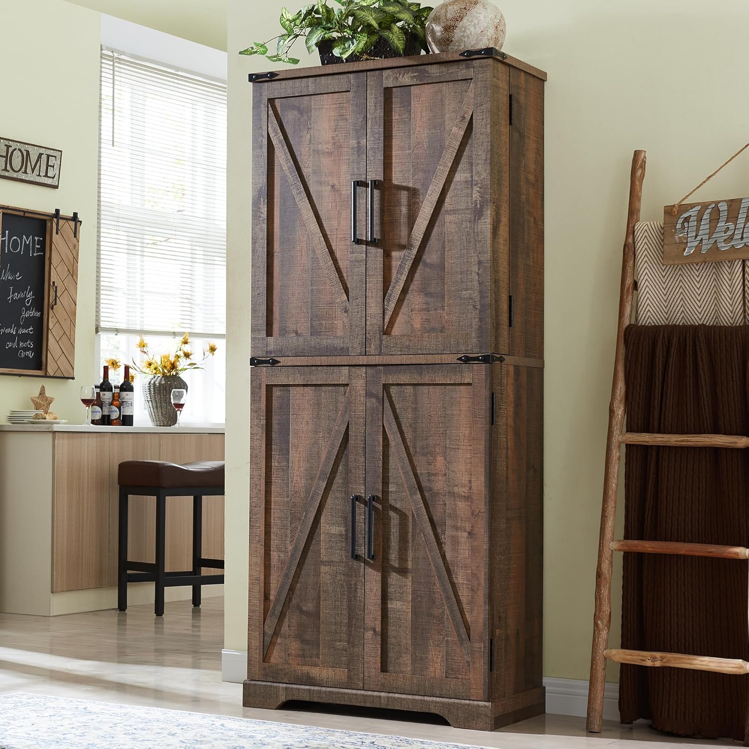 72" Tall Kitchen Pantry, Farmhouse Storage Cabinet with Barn Doors, Organizer, D...