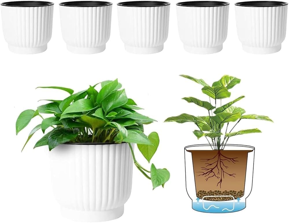T4U 6 Inch Self Watering Pots for Indoor Plants, 6 Pack White Plastic Flower Pot...