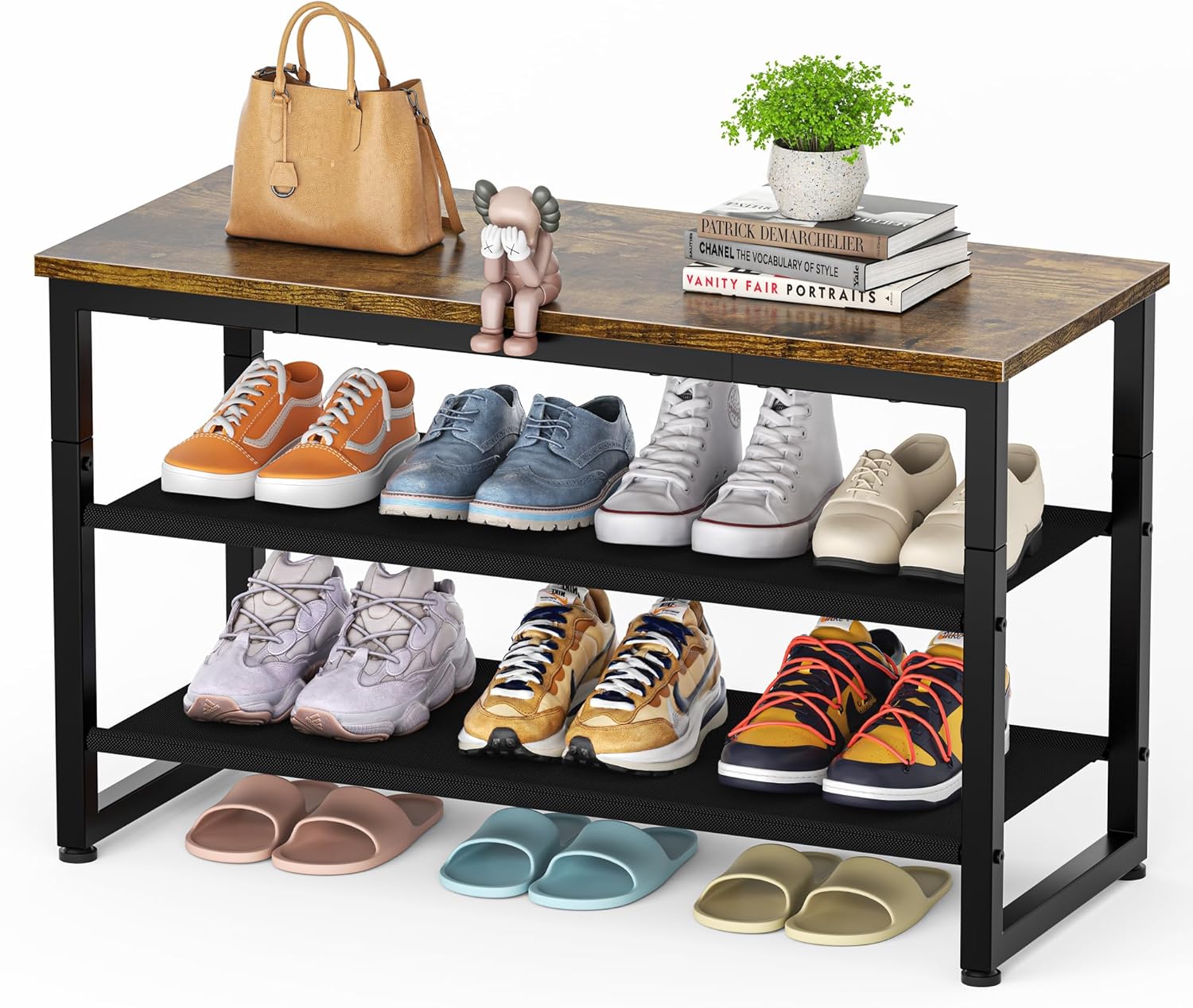 SIMPDIY Shoe Rack, 3 Tier Shoe Bench with Wooden Shelf, Shoe Storage Shoe Bench...