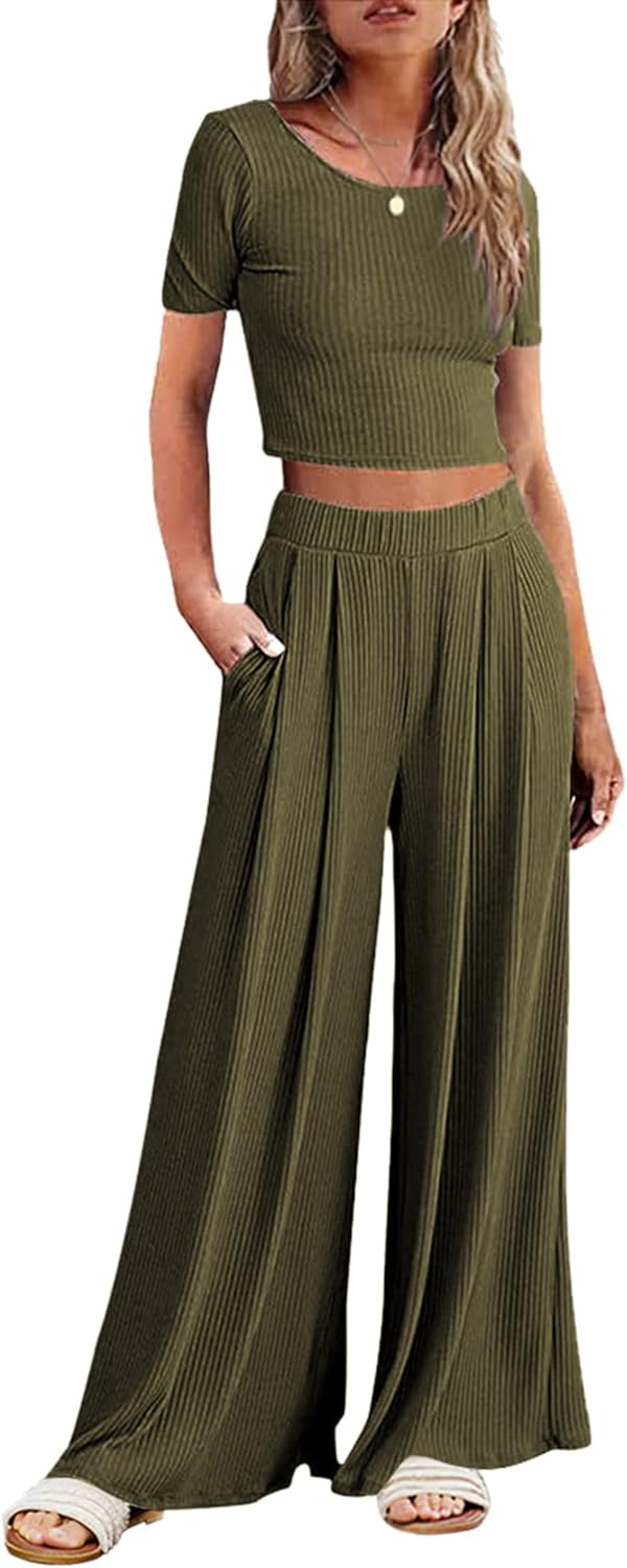 Ekouaer Women's 2 Piece Lounge Sets Short Sleeve Pajama Set Ribbed Knit Crop Top...