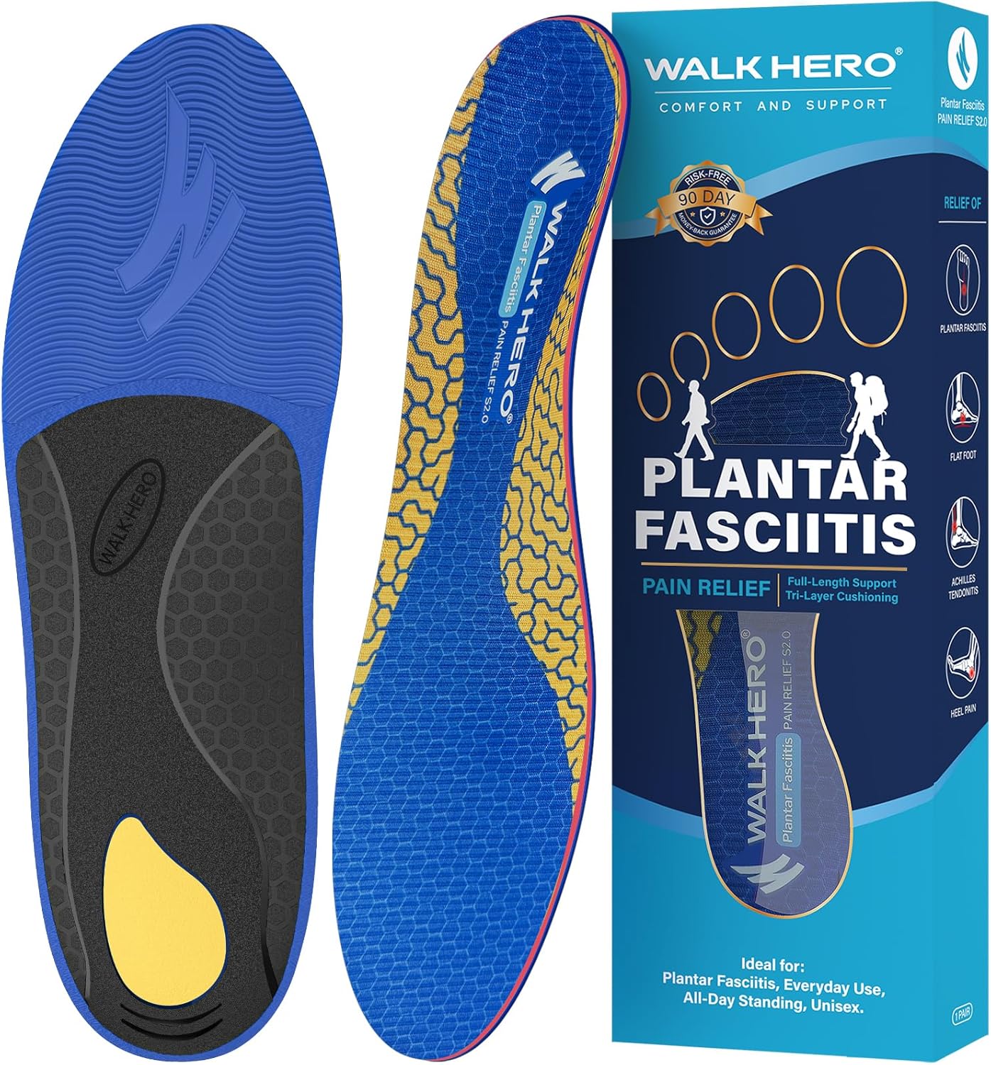 WalkHero Arch Support Insoles - Plantar Fasciitis Inserts Pain Relief,Orthotic I...